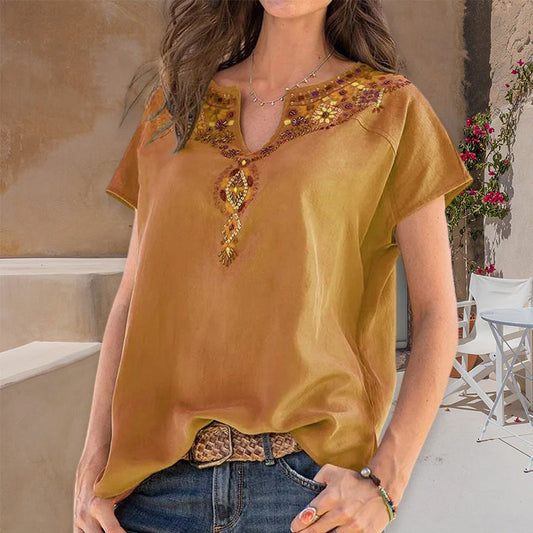 V-Neck Loose Ethnic Style T-Shirt