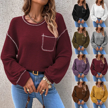 Top-stitching Drop Shoulder Pocket Patched Sweater