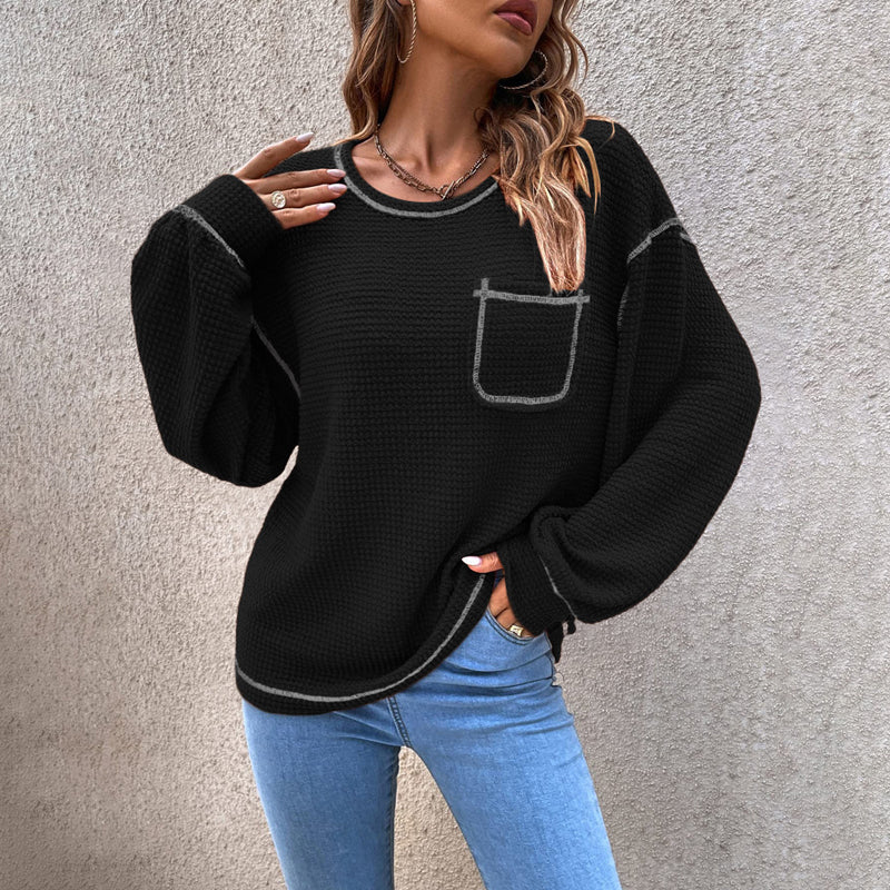Top-stitching Drop Shoulder Pocket Patched Sweater
