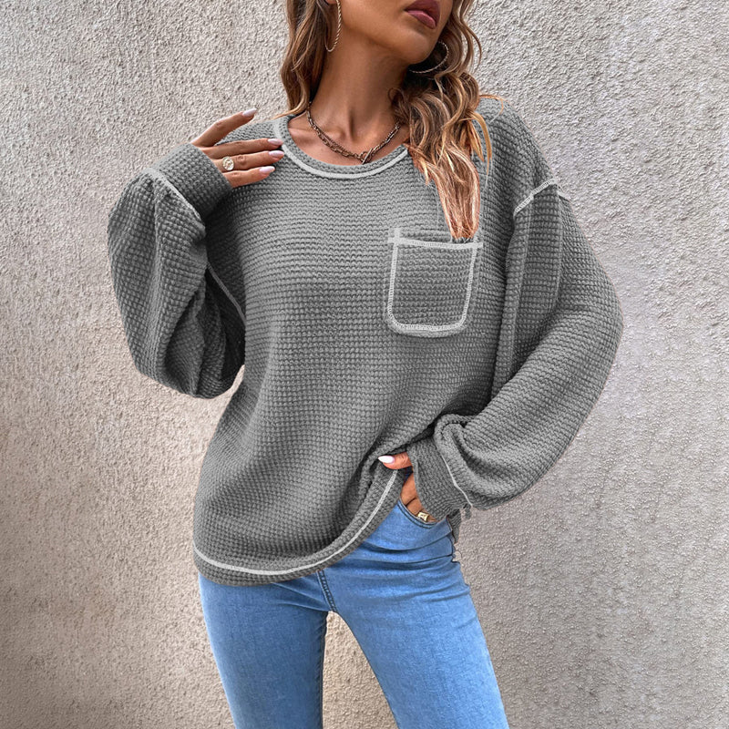Top-stitching Drop Shoulder Pocket Patched Sweater
