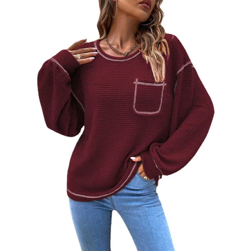 Top-stitching Drop Shoulder Pocket Patched Sweater