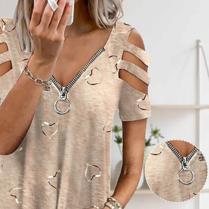V-Neck Zipper T-Shirt With Heart