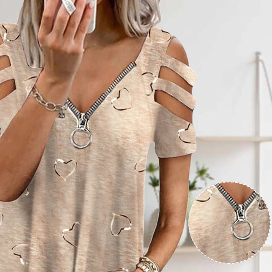 V-Neck Zipper T-Shirt With Heart
